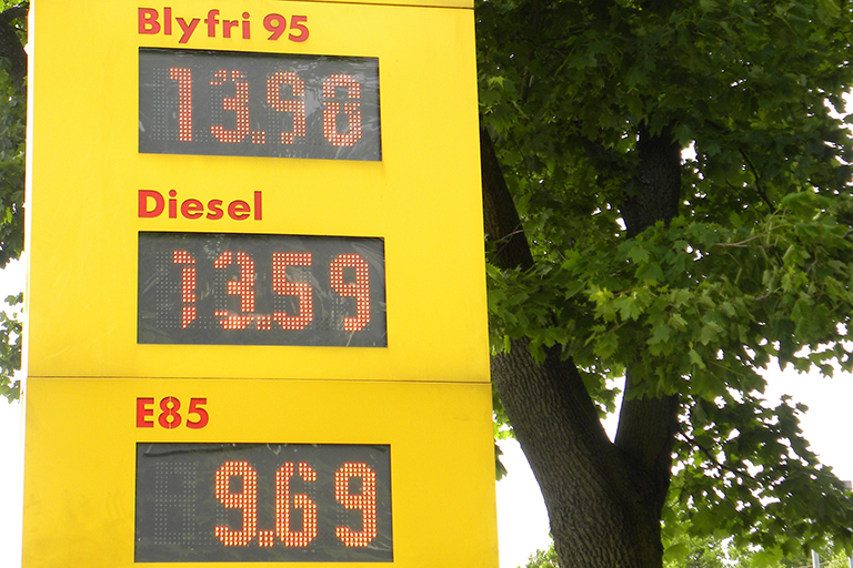 Gas station sign showing E85 costs 9.69.