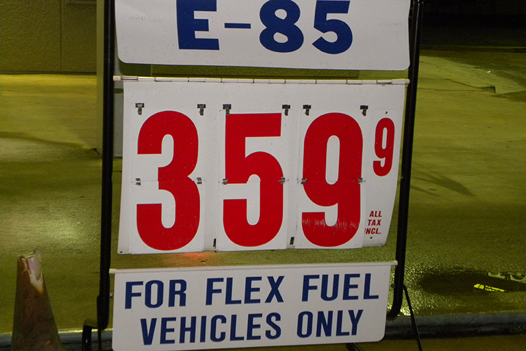 Gas station sign showing E85 costs 3.59.