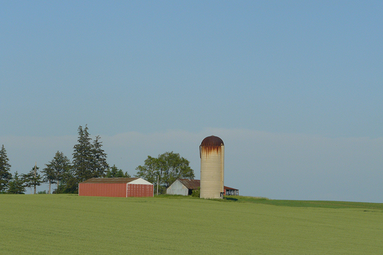 Barn and silo across a field.
