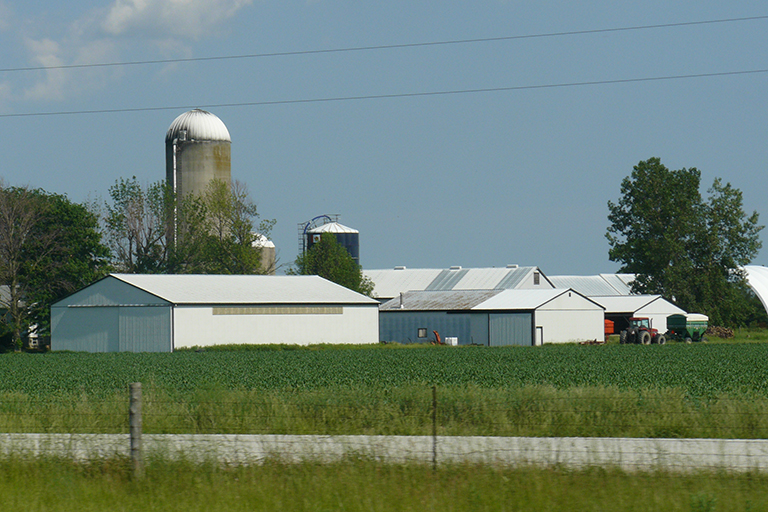 Several buildings and silos on a farm.