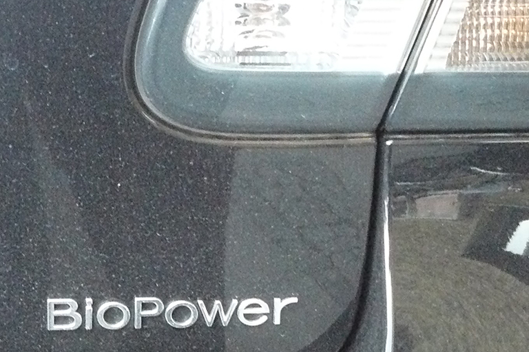 Label on the back of a vehicle reading “BioPower.”