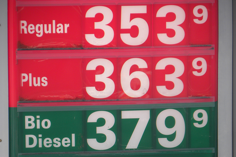 Gas prices, regular costs $3.53, plus costs $3.63, biodiesel costs $3.79.