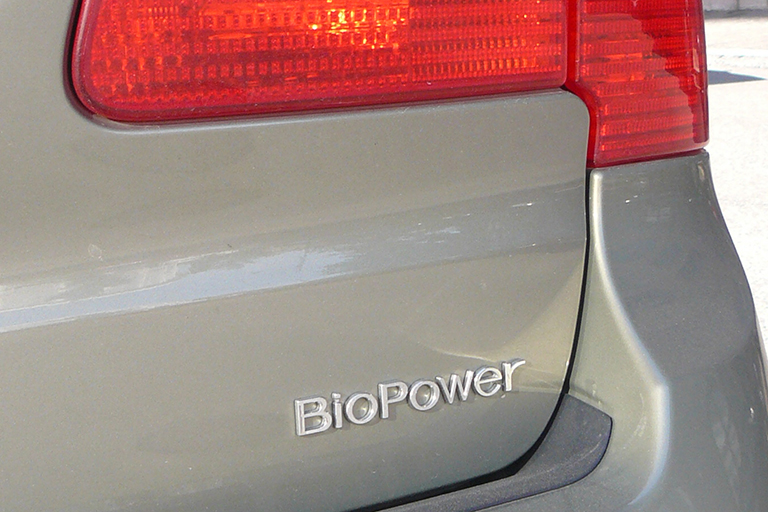 Label on the back of a vehicle reading “BioPower.”